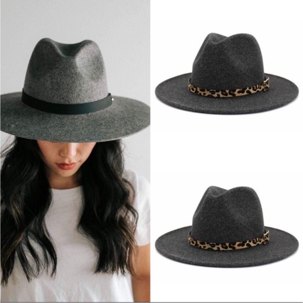 Dark Grey Wool Felt Fedora Panama Hats With Removable Band